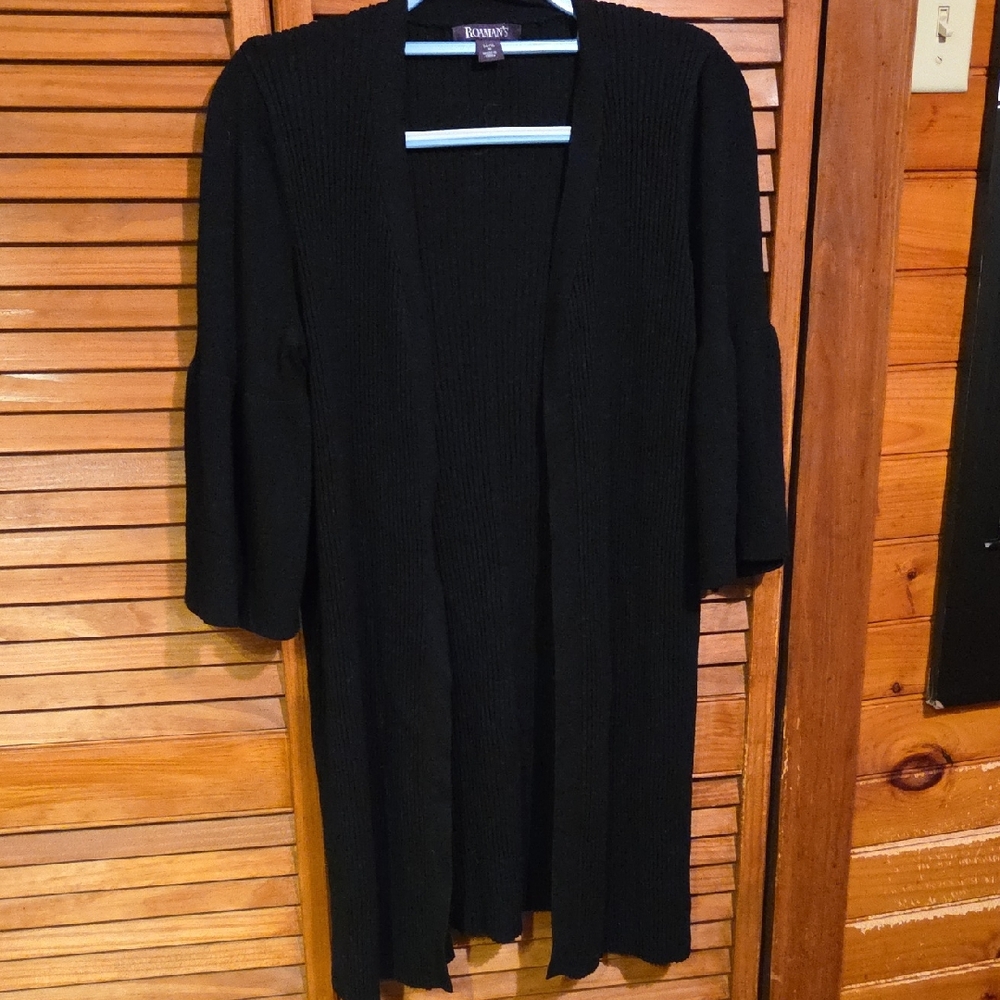 Roaman's Black Ribbed Cardigan With Bell Sleeves